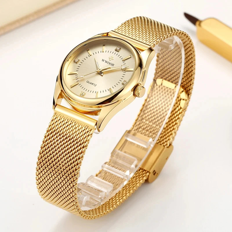 Stainless Mesh Band - WWOOR, reloj dorado de marca de